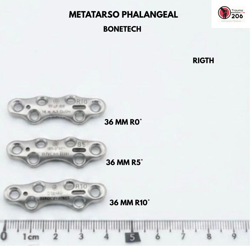 Placa metatarso falangeal Bonetech derecha en variantes de 36 mm R0, R5 y R10