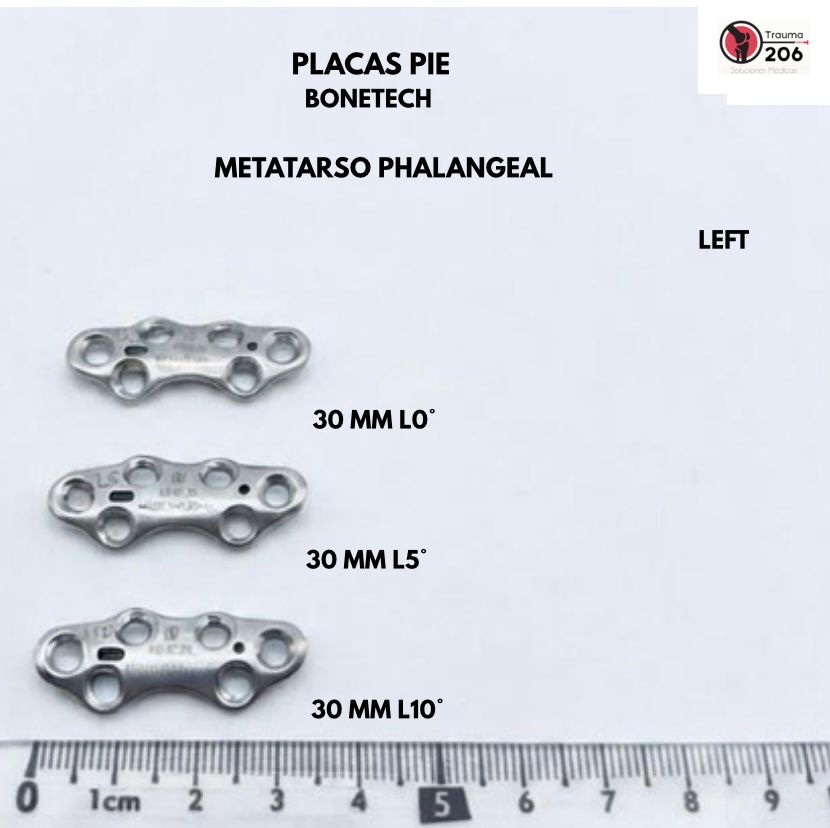 Placas pie Bonetech metatarso falangeal Left de 30 mm en variantes L0°, L5° y L10°
